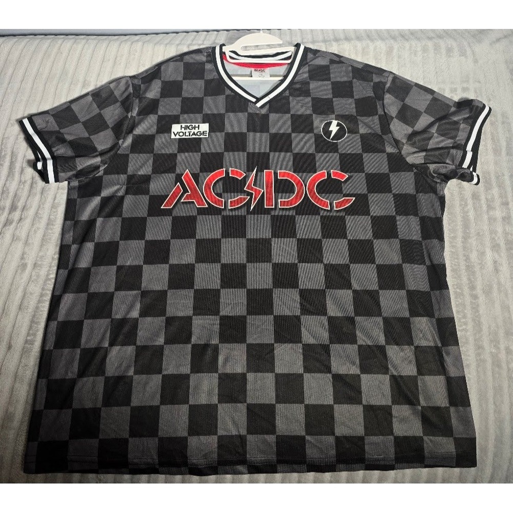 ACDC High Voltage Jersey Hybrid Apparel Mens 3XL Checkered Grey Black V-Neck.412